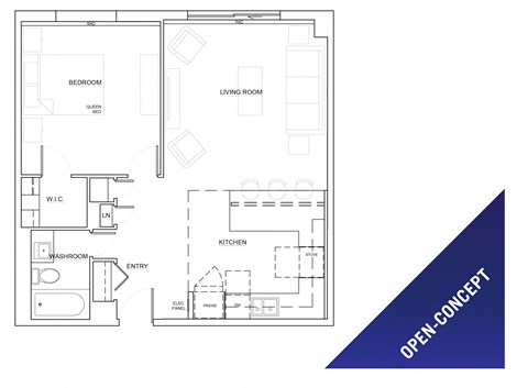 One bedroom, one bathroom open-concept apartment layout at 49 Leaside at St. Lawrence Village in St. Catharines